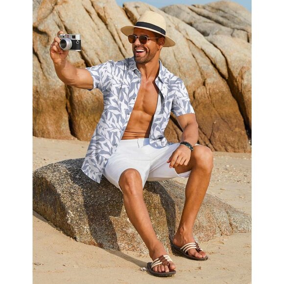 Mens Lite Gray Hawaiian Shirt Short Sleeve Button Down Tropical Floral Beachwear - Picture 3 of 6